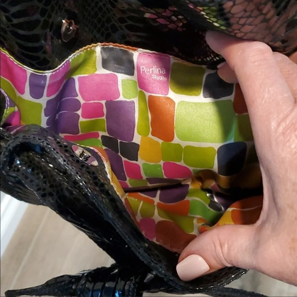 NWOT PERLINA BLACK SNAKESKIN EMBOSSED Hobo Bag w/Bow Sash